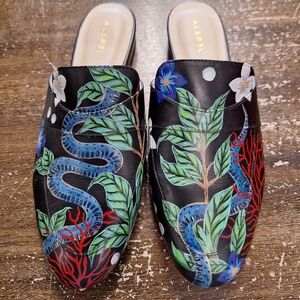 Black Floral and Snake Design Mules